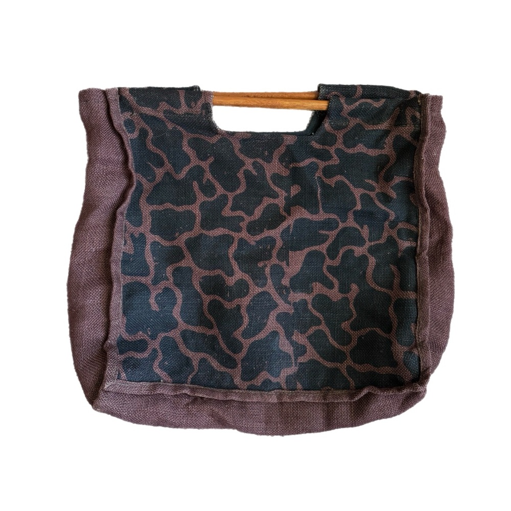 Nefertiti Black & Brown Giraffe Animal Print Jute Wooden Handle Large Tote Bag